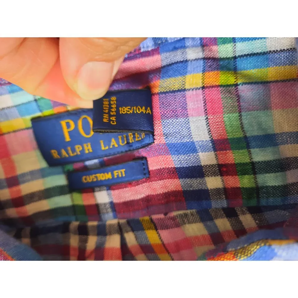 Polo Ralph Lauren Men XL Custom Fit Plaid Western Linen Button Shirt LongSleeve‎